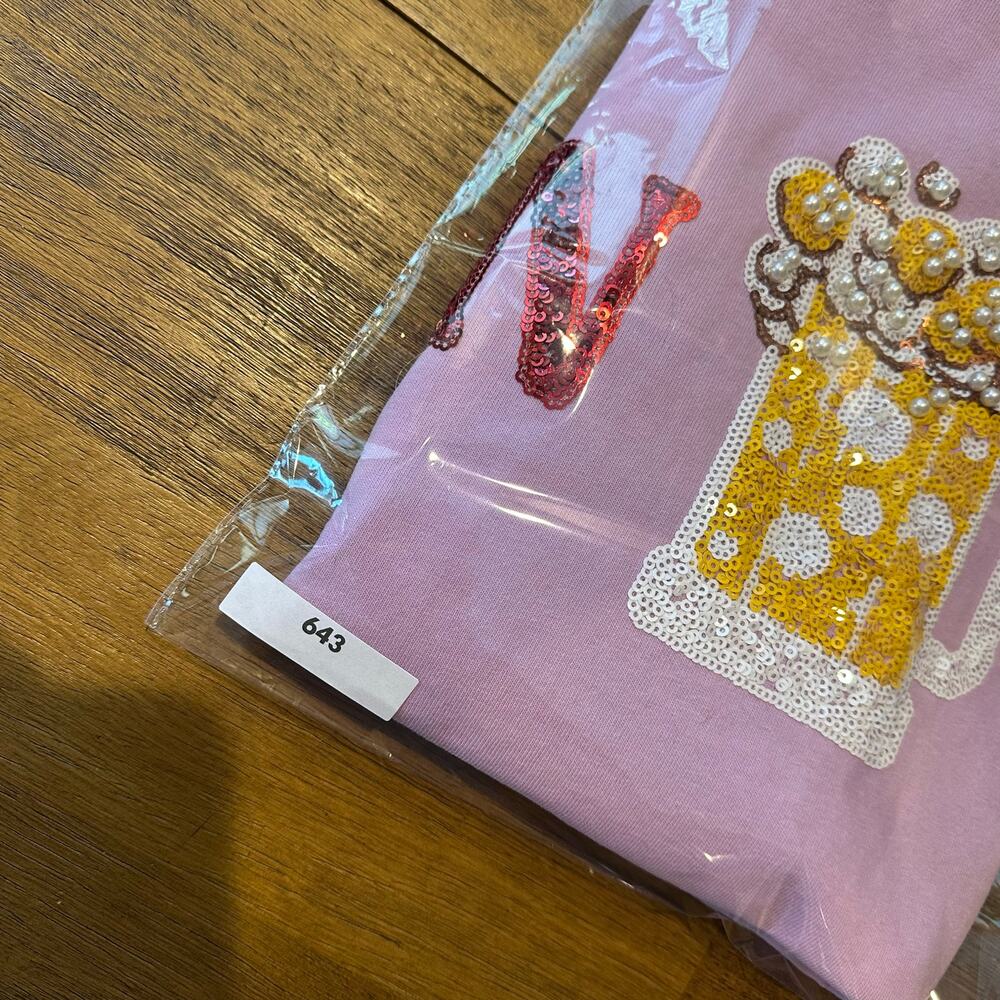 Y2K Sequin Graphic Tee Purple Pizza and Beer - Size Small Game Day Oversized - Picture 11 of 11